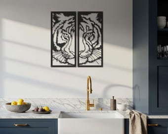 Arte de pared de metal con tigre, decoración moderna de pared con animales, panel minimalista de vida silvestre negro para sala de estar, cocina, oficina o regalo natural.