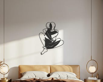 Abstract Couple Hug, Minimalist Wall Art, Modern Love Decor, Metal Line Sculpture, Romantic Bedroom Accent, Anniversary Decor, Gift Idea