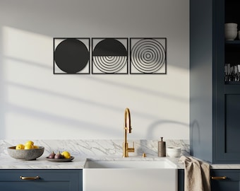 Juego de 3 paneles circulares de arte de pared, decoración geométrica de metal para pared, arte minimalista moderno para cocina, paneles de pared de líneas abstractas, acento horizontal de pared negro.