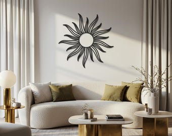 Decoración de pared de metal con forma de sol, escultura minimalista moderna de sol, colgante de pared estilo bohemio, decoración celestial de metal, regalo para el hogar, letrero de metal.