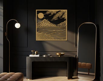 Mountain and Ocean Metal Wall Art, Nature-Inspired Landscape with Waves, Sun, and Palm Leaves, Modern Home Decor for Living Room or Bedroom