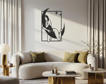 Arte de pared de metal Moon Girl, escultura de pared de metal negro minimalista moderna, decoración de pared celestial para dormitorio, colgante de pared bohemio abstracto femenino