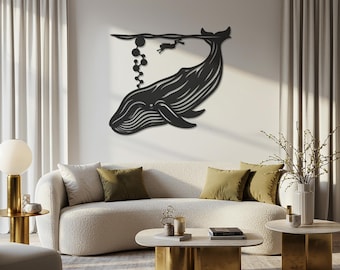 Whale Metal Wall Art, Surreal Ocean Decor, Dreamy Sea Animal Panel, Fantasy Nature Scene, Black Whale Cutout, Magical Gift, Nautical Accent