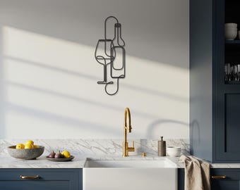 Arte mural con botellas de vino, decoración de copas de vino de metal, letrero moderno para bar, arte de cocina con vino, arte minimalista con bebidas, regalo para amantes del vino, letrero de metal.