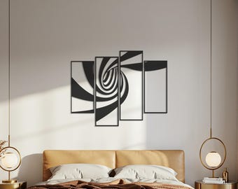 4 Piece Metal Wall Art Set, Abstract Spiral Wall Decor, Modern Black Metal Panels, Minimalist Art, Optical Illusion Wall Accent, Home Decor