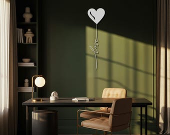 Heart Balloon Metal Wall Art, Minimalist Love Design with Balloon and "Love" Script, Modern Home Decor for Living Room, Bedroom, and Office