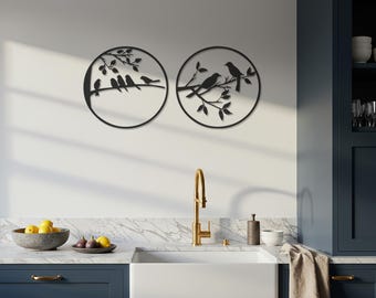 Juego de 2 paneles redondos con siluetas de pájaros, obra de arte de ramas circulares, decoración metálica con temática de cabaña, exhibición de pared de pájaros cantores, arte metálico decorativo para el hogar