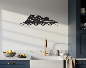 Mountain Sea Wall Art, Sunset Metal Decor, Nature Line Panel, Ocean Wave Silhouette, Modern Minimalist Landscape, Gift For Adventure Lovers