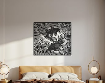Koi Fish Wall Art, Metal Zen Decor, Japanese Water Panel, Feng Shui Wall Accent, Spiritual Room Sign, Lotus Fish Decor, Gift for Home