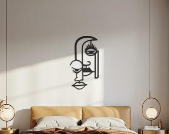 Arte de pared de metal con cara abstracta minimalista, escultura de dibujo lineal moderno, decoración contemporánea, decoración del hogar, arte de pared elegante, regalo para el hogar