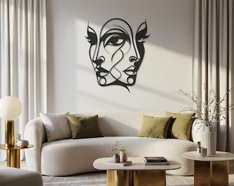 Face Line Art, Dual Face Metal Wall Decor, Modern Minimalist Wall Art, Abstract Female Silhouette, Unique Living Room Wall Sculpture