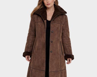 Vintage Boho Suede Sheepskin Shearling Maxi Coat