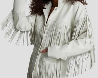 White Fringe Leather Jacket: Western Cowgirl Boho Tassel Coat