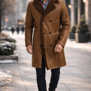 Men's Shearling Trench Coat: Sheepskin Leather Winter Overcoat