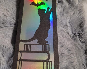 Holographic Cat Bookmark with Bats – Gothic Book Lover Gift, Halloween Reading Accessory