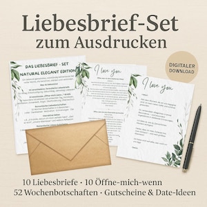 Könnte beinhalten: Ein digitales Download-Set mit Liebesbriefen, "Öffne mich wenn"-Briefen, Wochenbotschaften und Date-Ideen. Das Set enthält gedruckte Karten, einen Umschlag und einen Stift. Die Karten zeigen den Text "I love you".