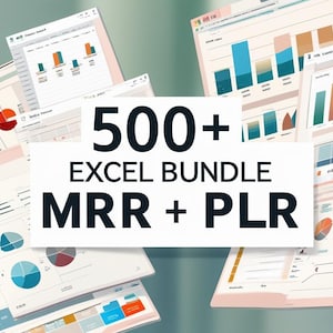 May include: Image of multiple open Excel spreadsheets displaying various charts and graphs. A white rectangle in the center reads "500+ EXCEL BUNDLE MRR + PLR". The spreadsheets show bar graphs, pie charts, and other data visualizations.