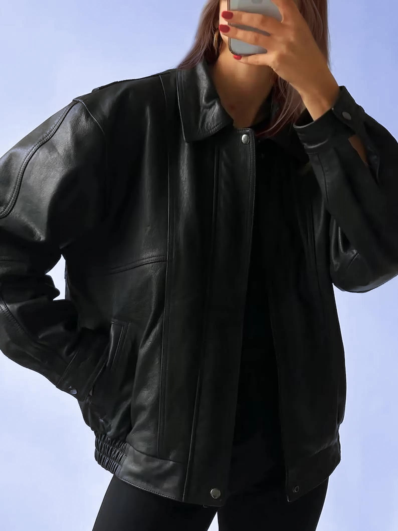 Handmade Oversized Black Leather Bomber Jacket: Unisex Vintage