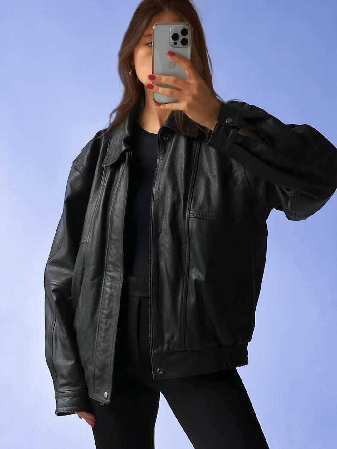 ジャケット・アウター Vintage leather bomber jacket black Women's Oversized 90's Vintage Style Black Bomber Leather Jacket