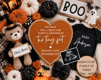 May include: A heart-shaped orange letter board with the text NO TRICK JUST A TREAT OUR FAMILY IS GROWING BY Two Tiny feet BREWING UNTIL NOVEMBER 2026, surrounded by pumpkins, a crocheted bear, a black baby onesie, and an ultrasound image.