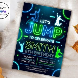 May include: A rectangular birthday invitation card featuring a dark blue background with neon green and blue glowing silhouettes of people jumping. The text reads: LET'S JUMP TO CELEBRATE SMITH 8TH BIRTHDAY, MONDAY SEPTEMBER 23 START AT 4PM, ANDERSON'S HOUSE 2464 FRAME LAND, TX, ANYSTREET, NEW LA, RSVP TO ANDERSON AT 555-77-33 OR AT OLIVER@GMAIL.CPM.
