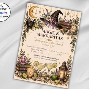 May include: A rectangular invitation card featuring the text MAGIC & MARGARITAS, A little spellwork, a little sisterhood, and a lot of fun. The design includes a witch hat, crescent moon, crystals, books, a lantern, and two margarita glasses.