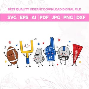 Puede incluir: Un gráfico digital que presenta seis iconos antropomórficos de fútbol americano: un balón marrón, un poste de meta amarillo, un silbato gris, un dedo de espuma azul con el número uno, un casco gris con una franja azul y un banderín rojo con el texto TOUCHDOWN.