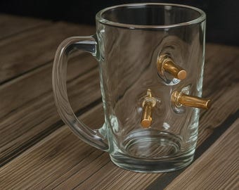 Glass Mug with Bullets – Handmade Military Gift, Man Cave Decor