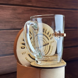 Bullet Mug Gift Set – Handmade Mug with Bullet in Wooden Tube with Coaster, Unique Gift for Men