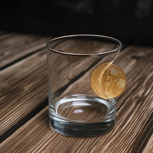 May include: A clear, empty glass with a gold Bitcoin coin resting against its side. The glass sits on a wooden surface with dark brown planks. The coin has the Bitcoin symbol on it.