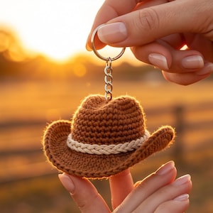 May include: A brown crocheted cowboy hat keychain featuring a textured crown and a wide brim. A cream-colored braided band encircles the base of the crown. The hat is attached to a silver-toned metal split ring by a short silver chain.