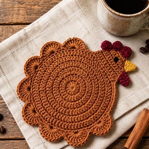 Pode incluir: Um porta-copos de crochê castanho em forma de galinha com borda festonada, bico amarelo, crista e barbelas vermelho-escuras e um pequeno olho preto. O corpo circular apresenta padrões de pontos concêntricos, criando uma superfície texturizada.