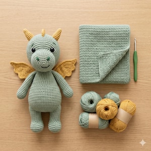 May include: A sage green crocheted dragon doll with yellow wings and horns, a folded sage green crocheted blanket, a green crochet hook, and four balls of yarn in sage green and yellow colors, arranged together as a complete craft set.