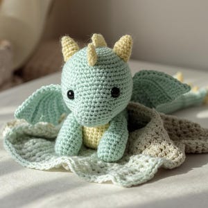 May include: A handmade crocheted dragon toy in shades of blue, yellow, and green. The dragon has black eyes, wings, and a blanket. The toy is sitting on a white surface.