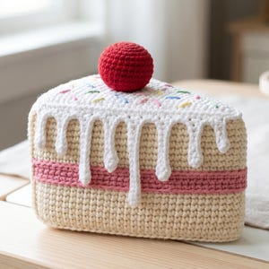 May include: A crochet cake slice featuring a beige sponge base, a pink middle layer, and white icing dripping down the sides. The top is decorated with colorful sprinkles and a single, round, bright red cherry centered on the white frosting.