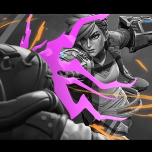 May include: A dynamic illustration of a female character in a futuristic setting, rendered in grayscale with pops of color. The character is in a fighting stance, with a mechanical arm and pink energy effects. The background is a mix of gray and yellow.
