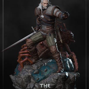 May include: A detailed statue of a character from "The Witcher" video game series. The figure, with white hair and a stern expression, is clad in armor and holds a sword. The statue is mounted on a rocky base with the game's title.