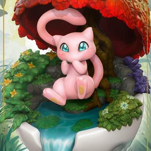 Puede incluir: Figura rosa de Mew en un diorama detallado. La escena incluye una cascada, exuberante vegetación y una gran seta con hojas rojas. La figura tiene grandes ojos azules y está sentada. El diorama está dentro de una estructura blanca en forma de huevo.
