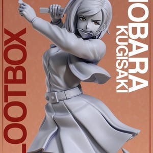 May include: A gray figurine of Nobara Kugisaki from Jujutsu Kaisen, in a dynamic pose with a hammer and nails. The figure wears a pleated skirt and a collared shirt. The word "LOOTBOX" is printed vertically on the left side of the image.