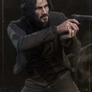 Puede incluir: Ilustración digital de un hombre con traje negro, sosteniendo una pistola negra. El hombre tiene pelo largo y oscuro y barba. La imagen está sobre un fondo oscuro, con un marco dorado.