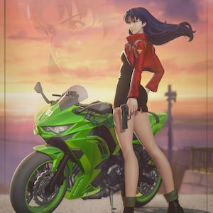 May include: An illustration of a woman in a red jacket and black dress, holding a gun, standing next to a green Kawasaki motorcycle. The background features a sunset and a faded image of a woman's face.