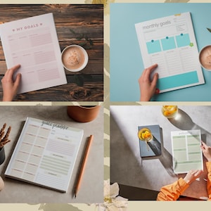 Op de afbeelding: Een verzameling doelplanners en -journals. De planners hebben lay-outs voor maandelijkse en dagelijkse doelen, met zachte kleurenpaletten. Eén planner heeft de tekst "My Goals" en een andere "Monthly Goals". Naast enkele planners staat een kopje koffie.