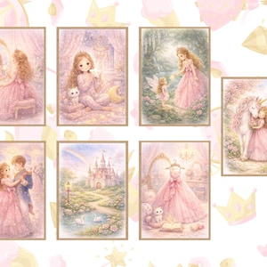 Op de afbeelding: Een verzameling ingelijste kunstafdrukken met sprookjesscènes. Elke afdruk toont een prinses in een roze jurk, met thema's als een kasteel, een eenhoorn en een fee. Het kunstwerk heeft een zacht, pastelkleurig kleurenpalet.
