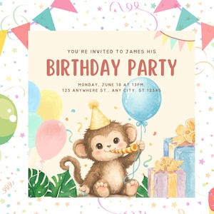 Op de afbeelding: Een verjaardagsuitnodiging met een aquarel illustratie. De uitnodiging bevat de tekst "YOU'RE INVITED TO JAMES HIS BIRTHDAY PARTY" en evenementdetails. Een cartoon aap met een feesthoedje en een blauwe ballon is afgebeeld.