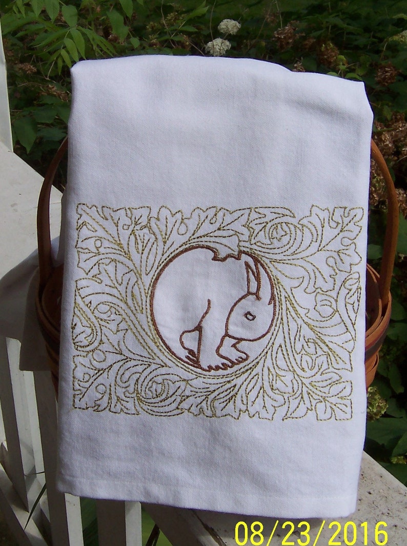 Rabbit in a Thicket Tea Towel Embroidered Tea Towel Etsy