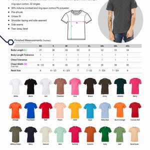 Op de afbeelding: Een Jersey T-shirt maattabel met een model in een donkergrijs T-shirt, een lijntekening met lengte- en breedte-aanduidingen en een tabel met afgewerkte maten in inches. Hieronder staan twee&euml;nveertig kleurstalen van T-shirts met namen.