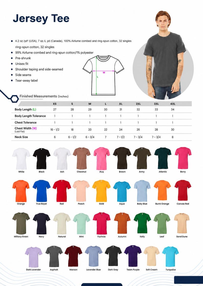 Op de afbeelding: Een Jersey T-shirt maattabel met een model in een donkergrijs T-shirt, een lijntekening met lengte- en breedte-aanduidingen en een tabel met afgewerkte maten in inches. Hieronder staan twee&euml;nveertig kleurstalen van T-shirts met namen.
