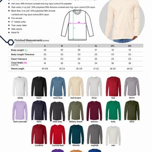 Op de afbeelding: Een jersey t-shirt met lange mouwen in vierentwintig kleurvariaties met een maattabel die de afgewerkte maten in inches weergeeft, inclusief lichaamslengte, borstbreedte en mouwlengte voor de maten small tot 3XL met een retail pasvorm.