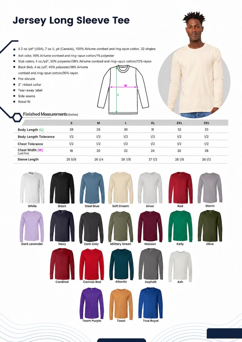Op de afbeelding: Een jersey t-shirt met lange mouwen in vierentwintig kleurvariaties met een maattabel die de afgewerkte maten in inches weergeeft, inclusief lichaamslengte, borstbreedte en mouwlengte voor de maten small tot 3XL met een retail pasvorm.