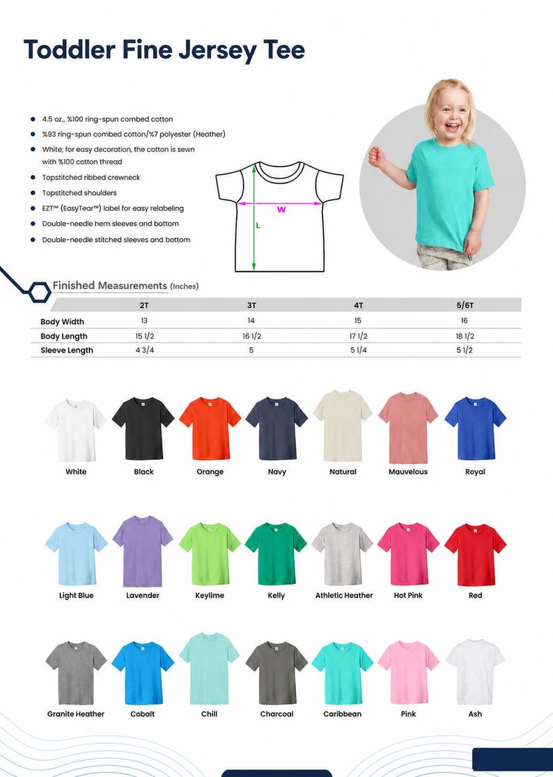 Op de afbeelding: Een fijn jersey t-shirt voor peuters verkrijgbaar in eenentwintig effen kleuren, waaronder wit, zwart, oranje, marineblauw, naturel, mauvelous, koningsblauw, lichtblauw, lavendel, limoengroen, kelly, athletic heather, felroze, rood, graniet, kobalt, chill, antraciet, cara&iuml;bisch, roze en as.
